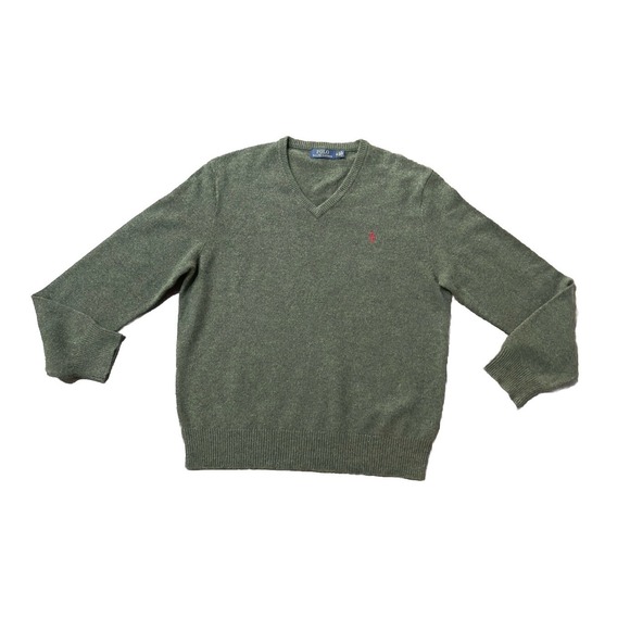 Polo‎ Ralph Lauren Mens V-Neck Sweater Olive Green with Red Pony Logo M